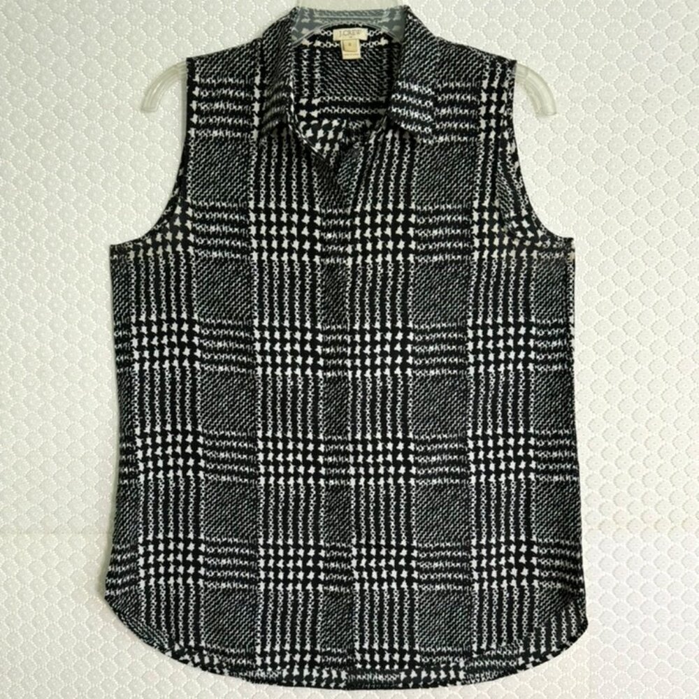 J Crew Sleeveless Button Up Collared Blouse- Black & White Pattern Size 8 EUC
